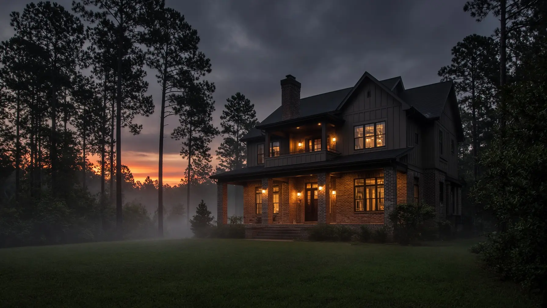 North Georgia home at dusk with porch lights on